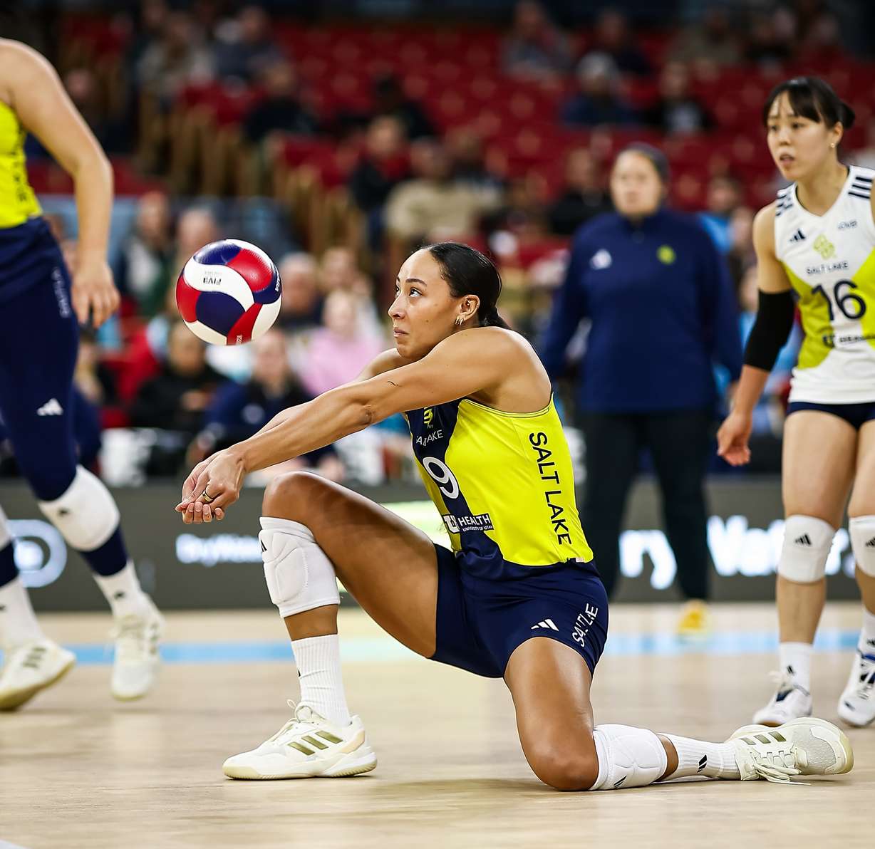 Former BYU All-American Alexa Gray digs a ball for LOVB Salt Lake during a League One Volleyball match against LOVB Madison, Thursday, Feb. 5, 2026 in Madison, Wisconsin.