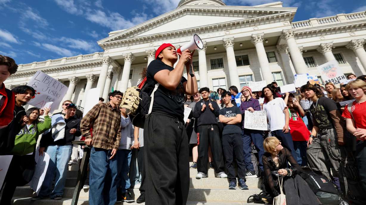 West High sophomore Eliki Paongo speaks at a protest against President Trump's immigration policies at the state Capitol in Salt Lake City on Friday. A Magna man was charged Wednesday with threatening protesting students on that day.