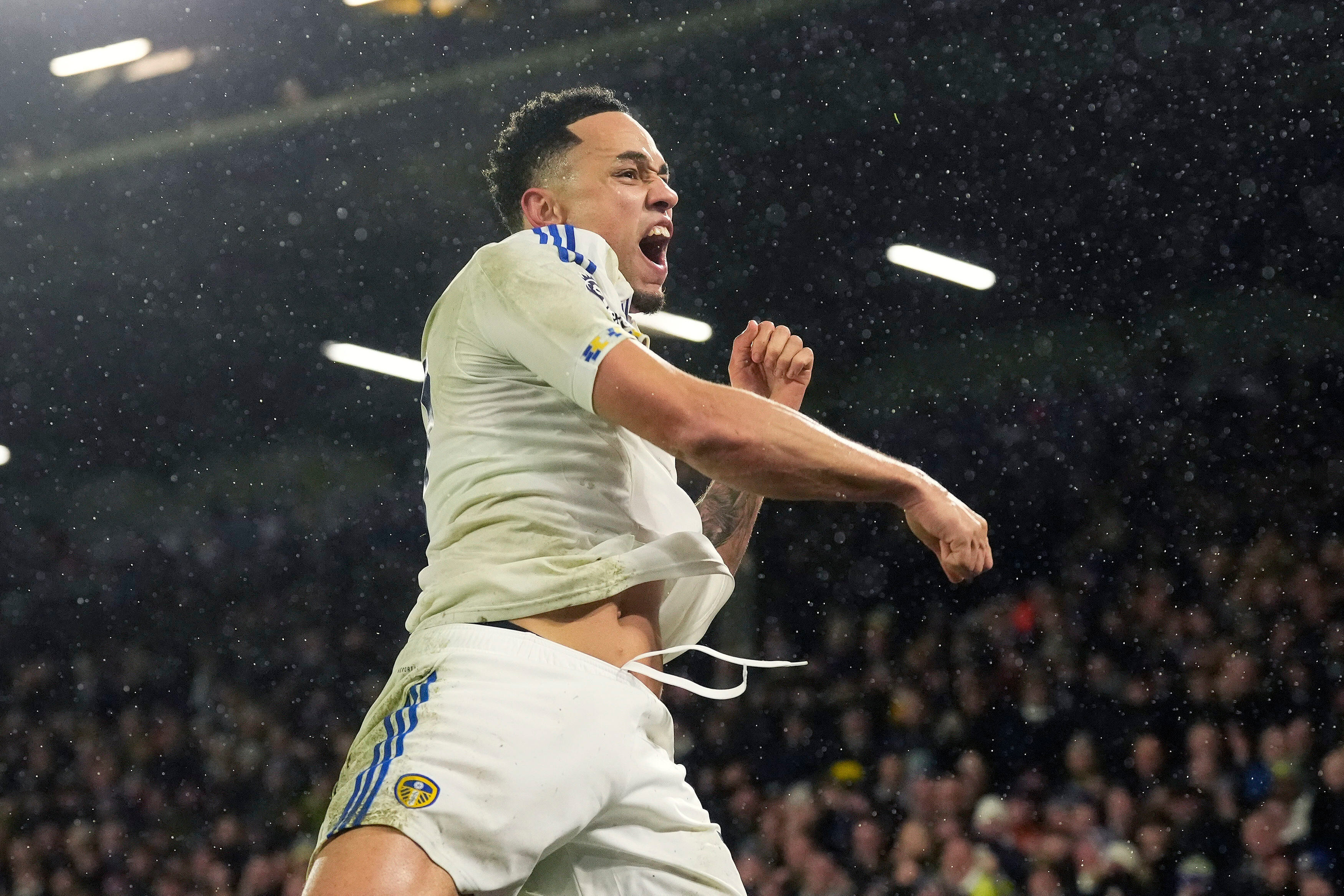 Leeds United's Noah Okafor celebrates scoring their second goal during the English Premier League soccer match between Leeds United and Nottingham Forest in Leeds, England, Friday Feb. 6, 2026. 