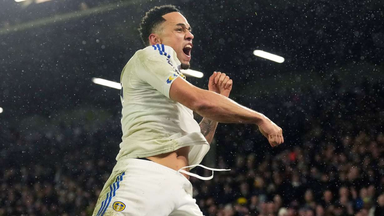 Leeds United's Noah Okafor celebrates scoring their second goal during the English Premier League soccer match between Leeds United and Nottingham Forest in Leeds, England, Friday Feb. 6, 2026.