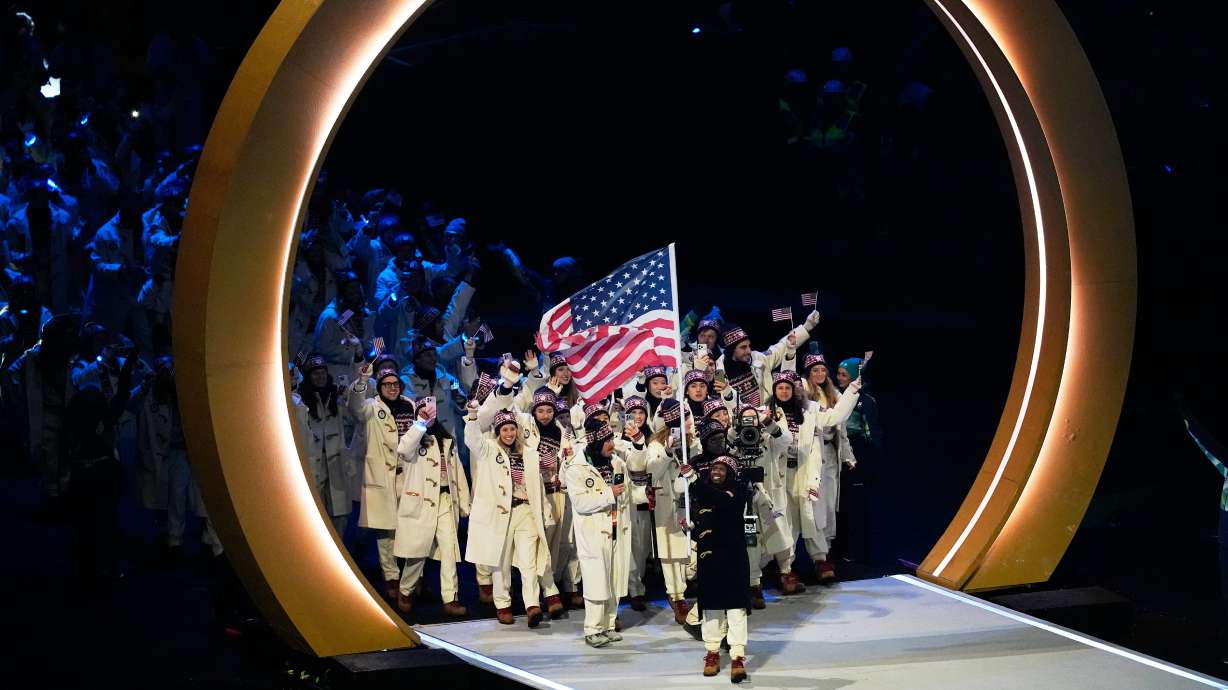 Athletes from United States attend the Olympic opening ceremony at the 2026 Winter Olympics, in Milan, Italy, Friday, Feb. 6, 2026.