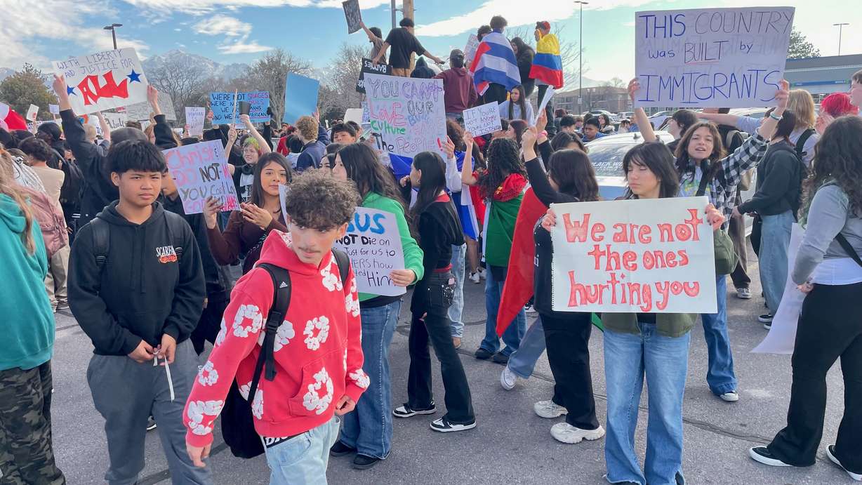 Students from Taylorsville High School in Taylorsville demonstrated on Friday against President Donald Trump's immigration policies.