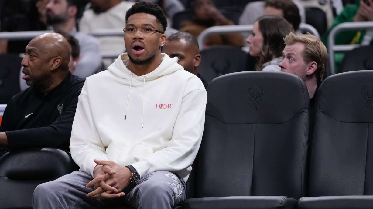 Milwaukee Bucks' Giannis Antetokounmpo sits on the bench during the first half of an NBA basketball game Wednesday, Feb. 4, 2026, in Milwaukee.