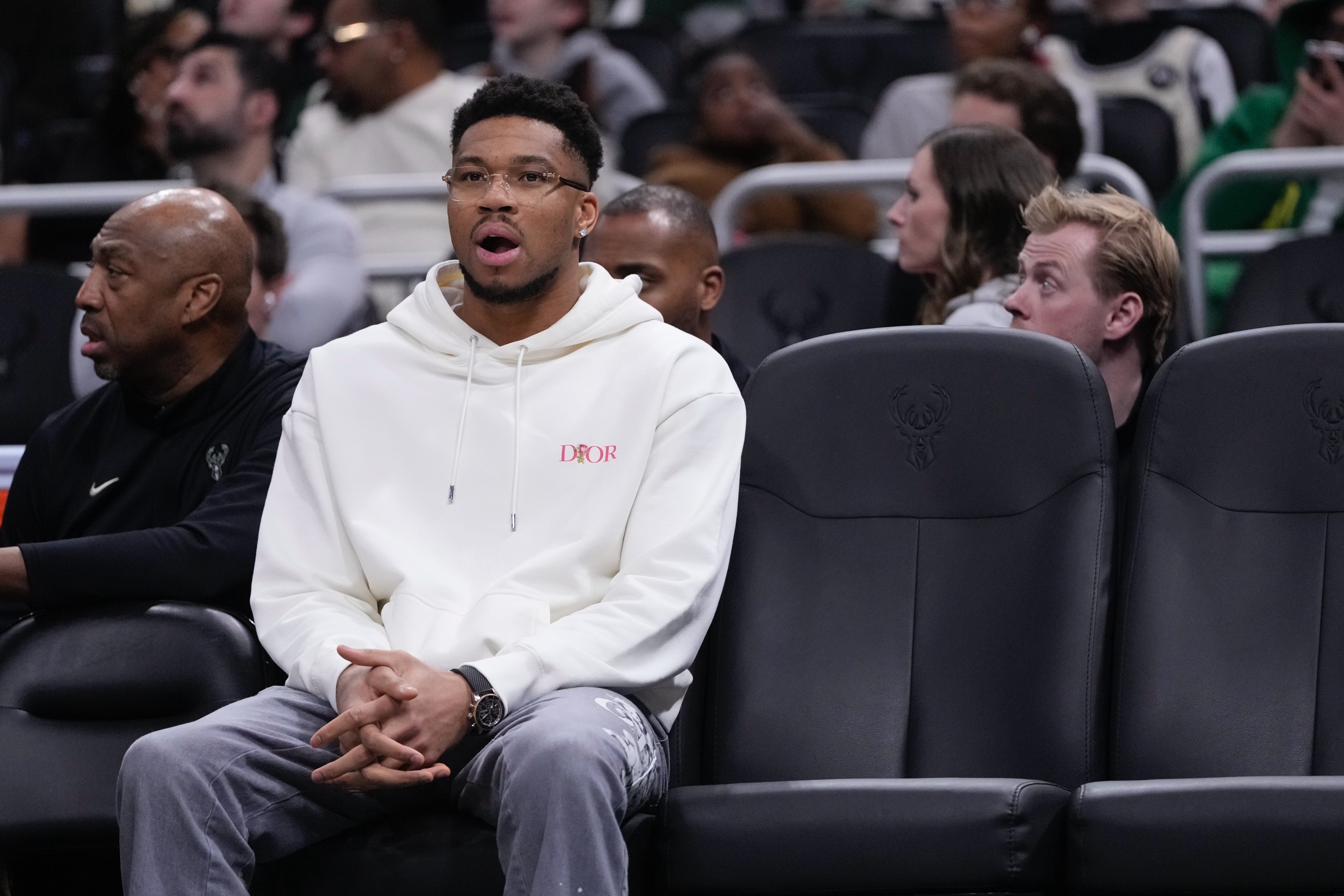 Milwaukee Bucks' Giannis Antetokounmpo sits on the bench during the first half of an NBA basketball game Wednesday, Feb. 4, 2026, in Milwaukee. 