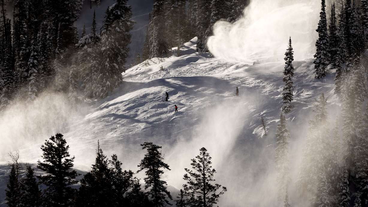 Snowmaking machines run at Snowbird in Little Cottonwood Canyon on Jan. 9. Utah's winter has been rough, but an equally poor winter nearly 50 years ago led to major investments in snowmaking that have helped the state's resorts stay open this year.