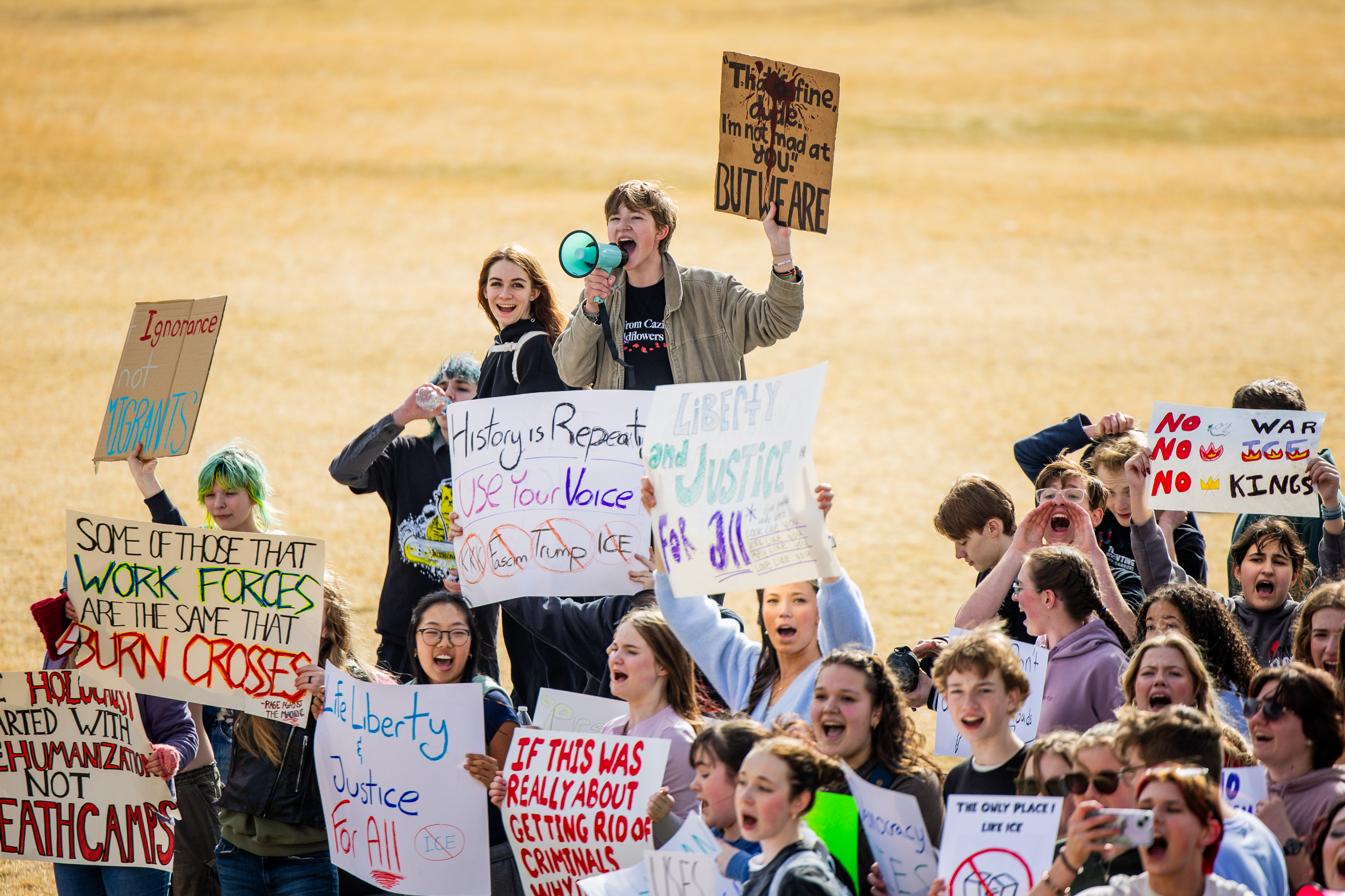 Corner Canyon High School students walkout to protest U.S. Immigration and Customs Enforcement at Draper City Park   in Draper on Friday.