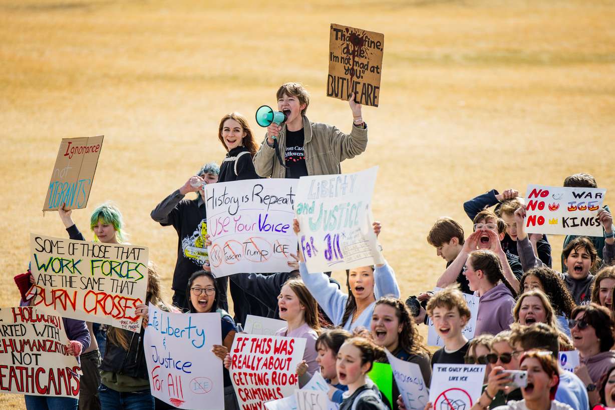 Corner Canyon High School students walkout to protest U.S. Immigration and Customs Enforcement at Draper City Park in Draper on Friday.