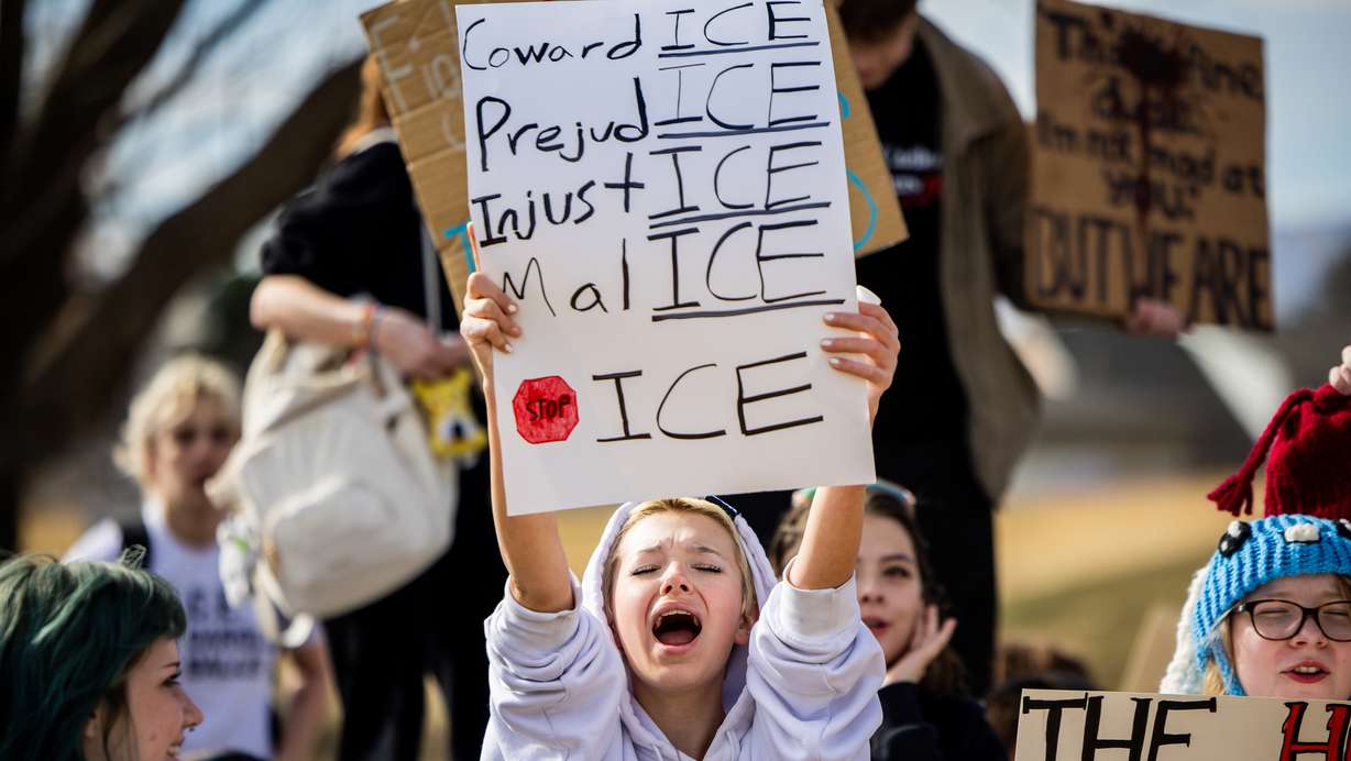 Corner Canyon High School students walkout to protest ICE at Draper City Park in Draper on Friday.