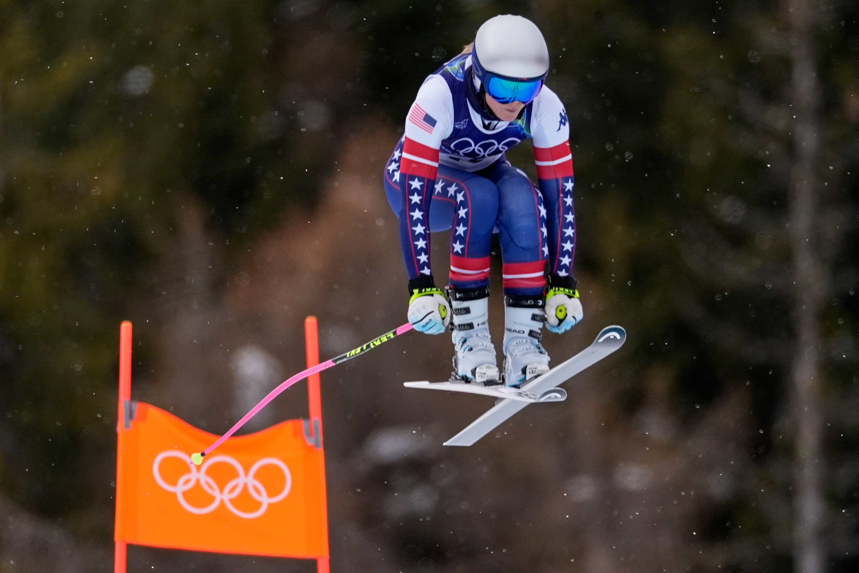 United States' Lindsey Vonn in action during alpine ski women's downhill training, at the 2026 Winter Olympics, in Cortina d'Ampezzo, Italy, Saturday, Feb. 7, 2026. 
