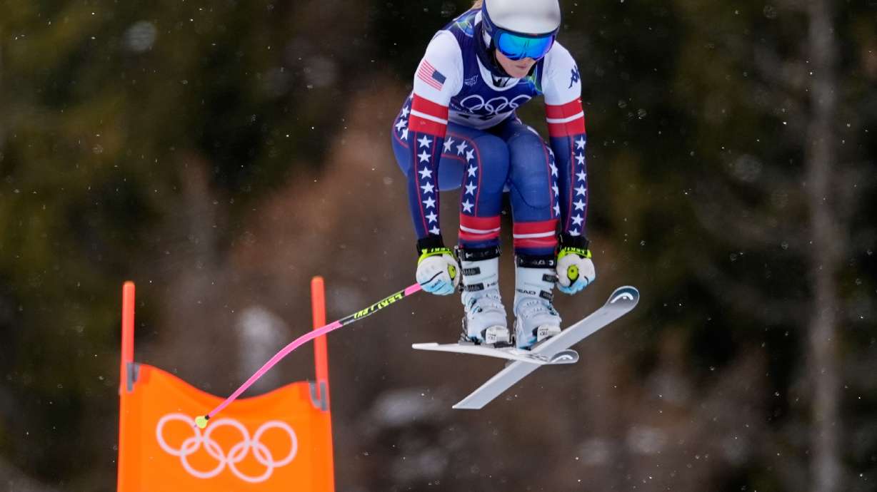 United States' Lindsey Vonn in action during alpine ski women's downhill training, at the 2026 Winter Olympics, in Cortina d'Ampezzo, Italy, Saturday, Feb. 7, 2026.
