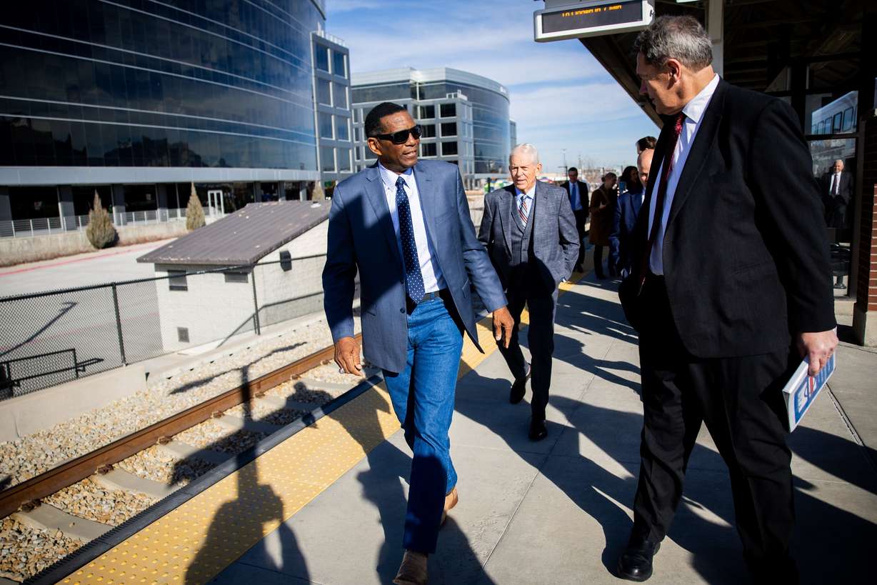 Rep. Burgess Owens, R-Utah, exits the FrontRunner before a press conference to discuss the Surface Transportation Reauthorization at the South Jordan Station on Feb. 6. Owens proposed legislation to eliminate "ghost students" from claiming federal student aid.