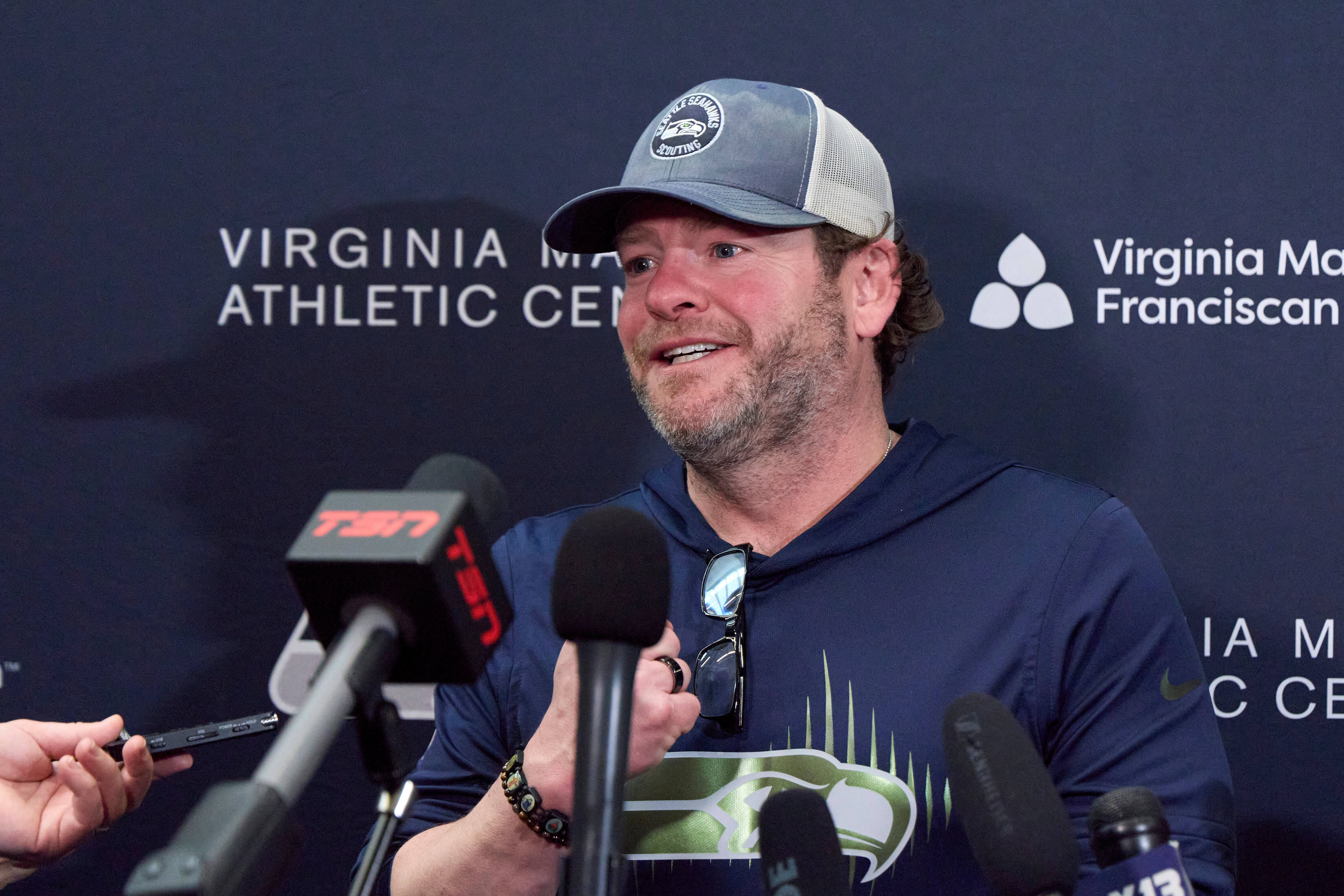 Seattle Seahawks president of football operations/general manager John Schneider speaks during a news conference at the NFL football team's facilities ahead of Super Bowl 60, Thursday, Jan. 29, 2026, in Seattle. 