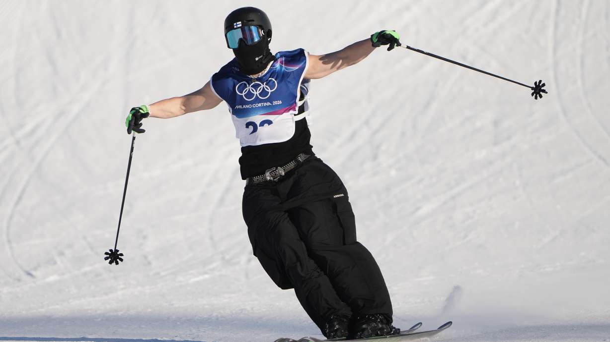Finland's Kuura Koivisto reacts during men's freestyle skiing slopestyle qualifications at the 2026 Winter Olympics, in Livigno, Italy, Saturday, Feb. 7, 2026.