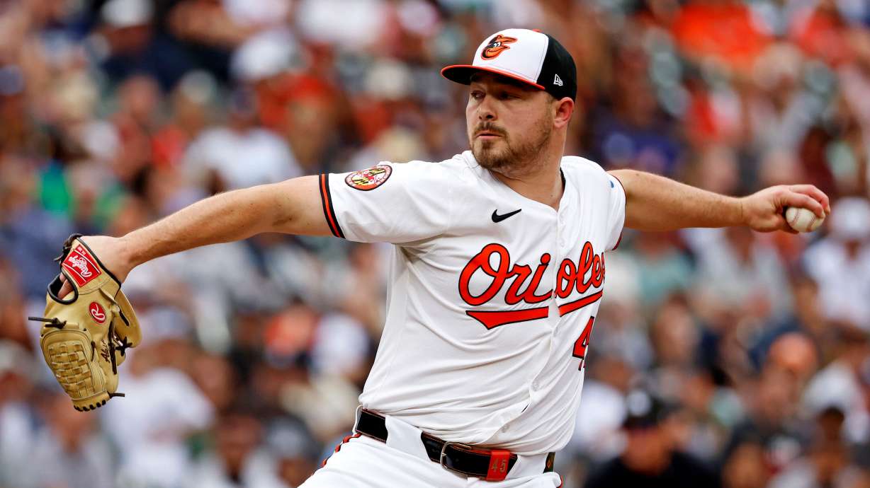 FILE - Baltimore Orioles pitcher Keegan Akin pitches during the 10th inning of a baseball game against the New York Yankees, Sunday, Sept. 21, 2025, in Baltimore.