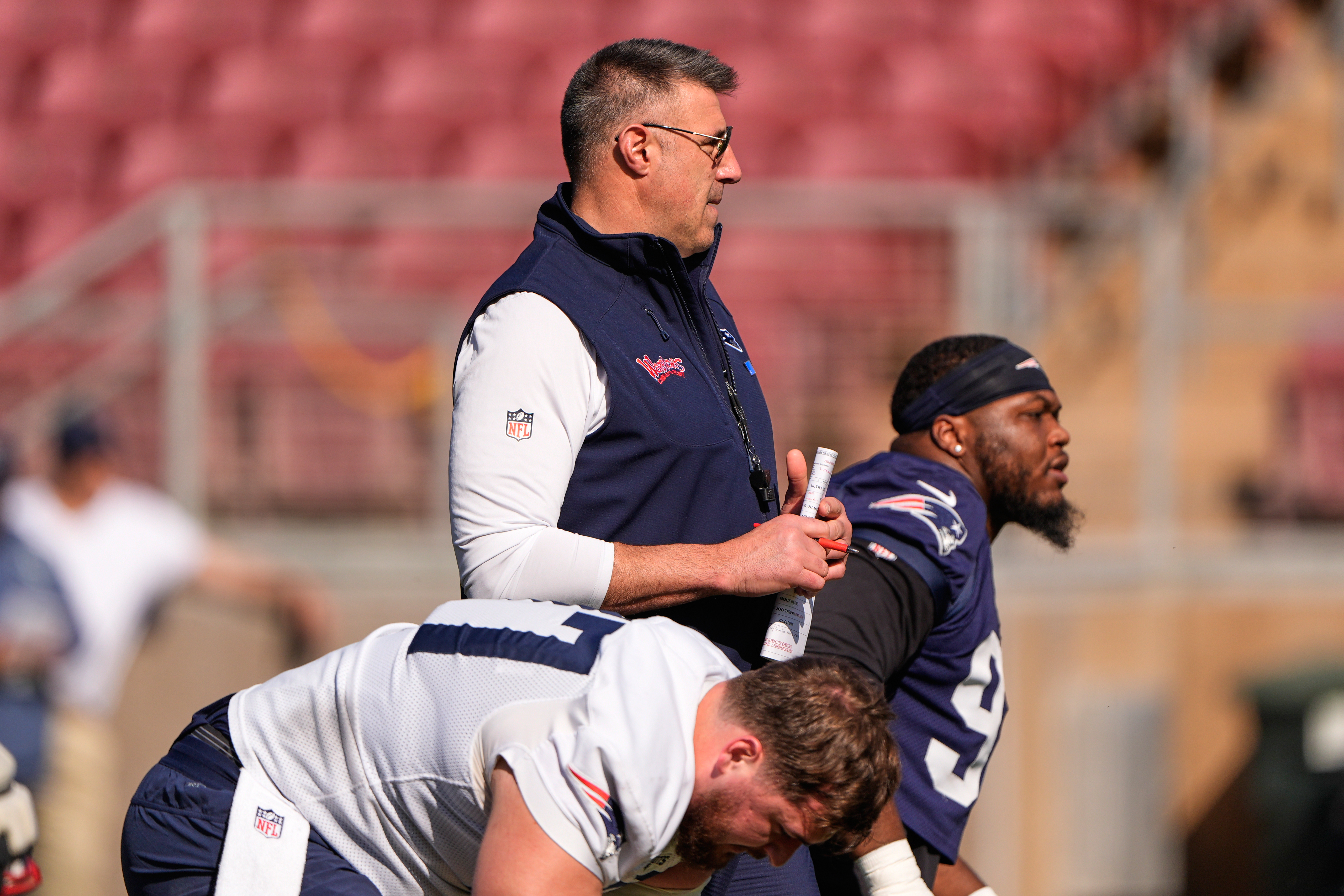 New England Patriots head coach Mike Vrabel watches practice for the Super Bowl 60 NFL football game against the Seattle Seahawks, Friday, Feb. 6, 2026, in Stanford, Calif. 