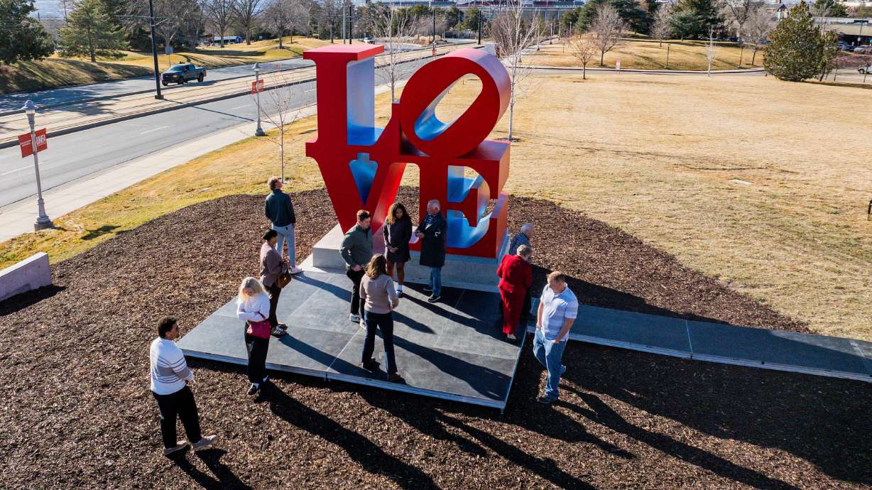 Robert Indiana's "LOVE" sculpture on the south lawn of the Utah Museum of Fine Arts in Salt Lake City on Saturday. The sculpture has already become a selfie magnet after its installation earlier this week.