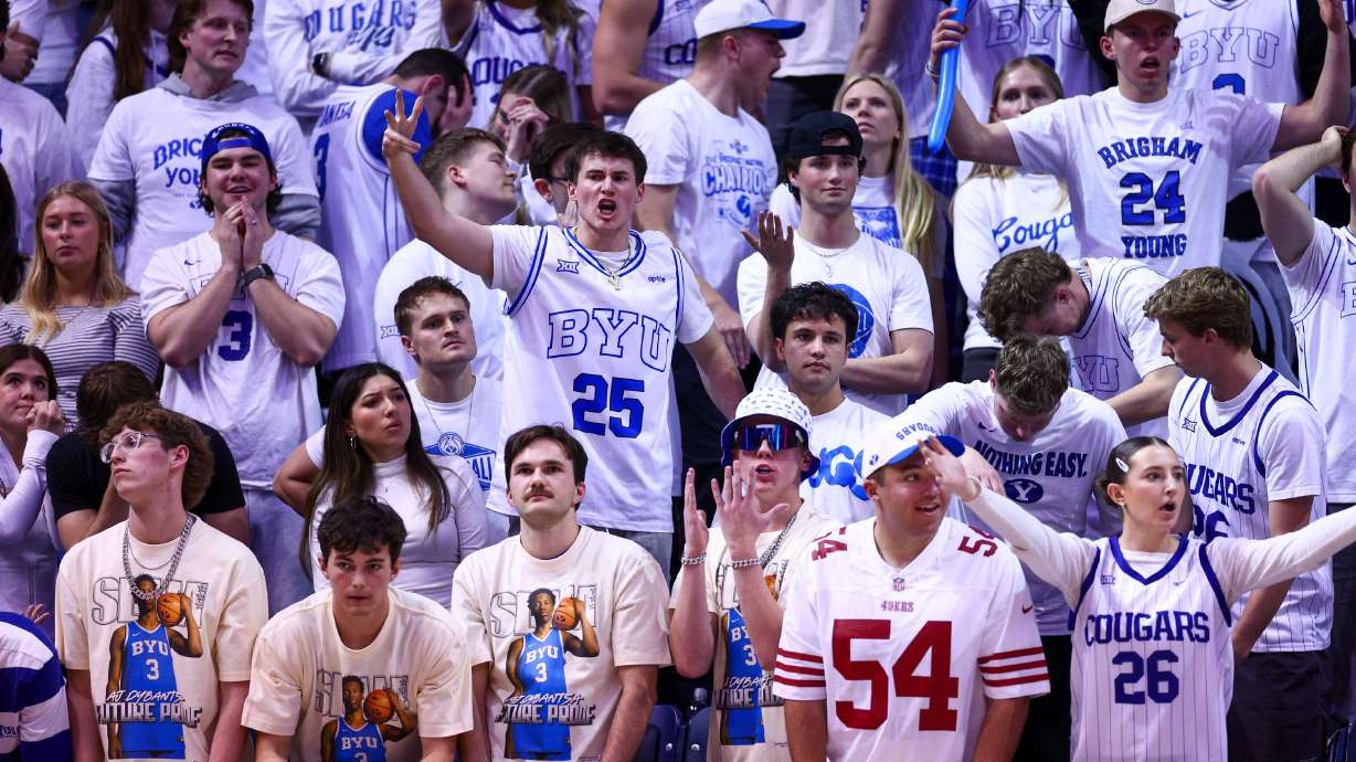 BYU fans react to a call during the second half of an NCAA basketball game against the Houston Cougars at the Marriott Center in Provo on Saturday, Feb. 7, 2026.