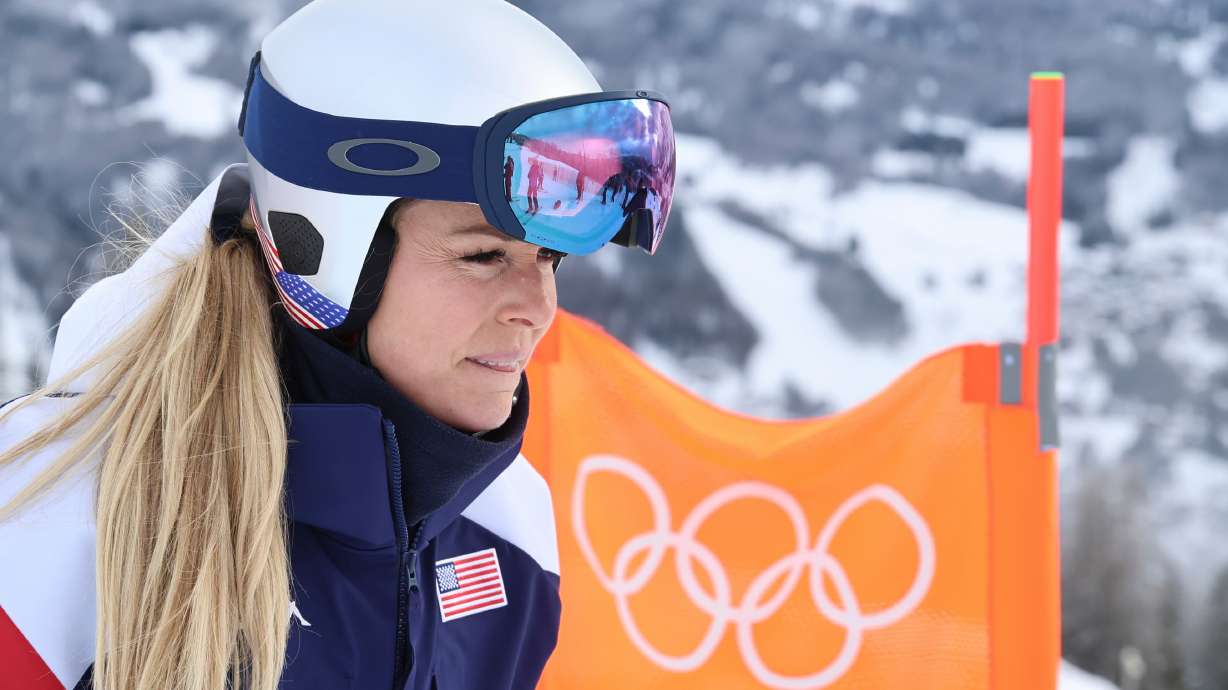 United States' Lindsey Vonn concentrates ahead of an alpine ski, women's downhill official training, at the 2026 Winter Olympics, in Cortina d'Ampezzo, Italy, Friday, Feb. 6, 2026.