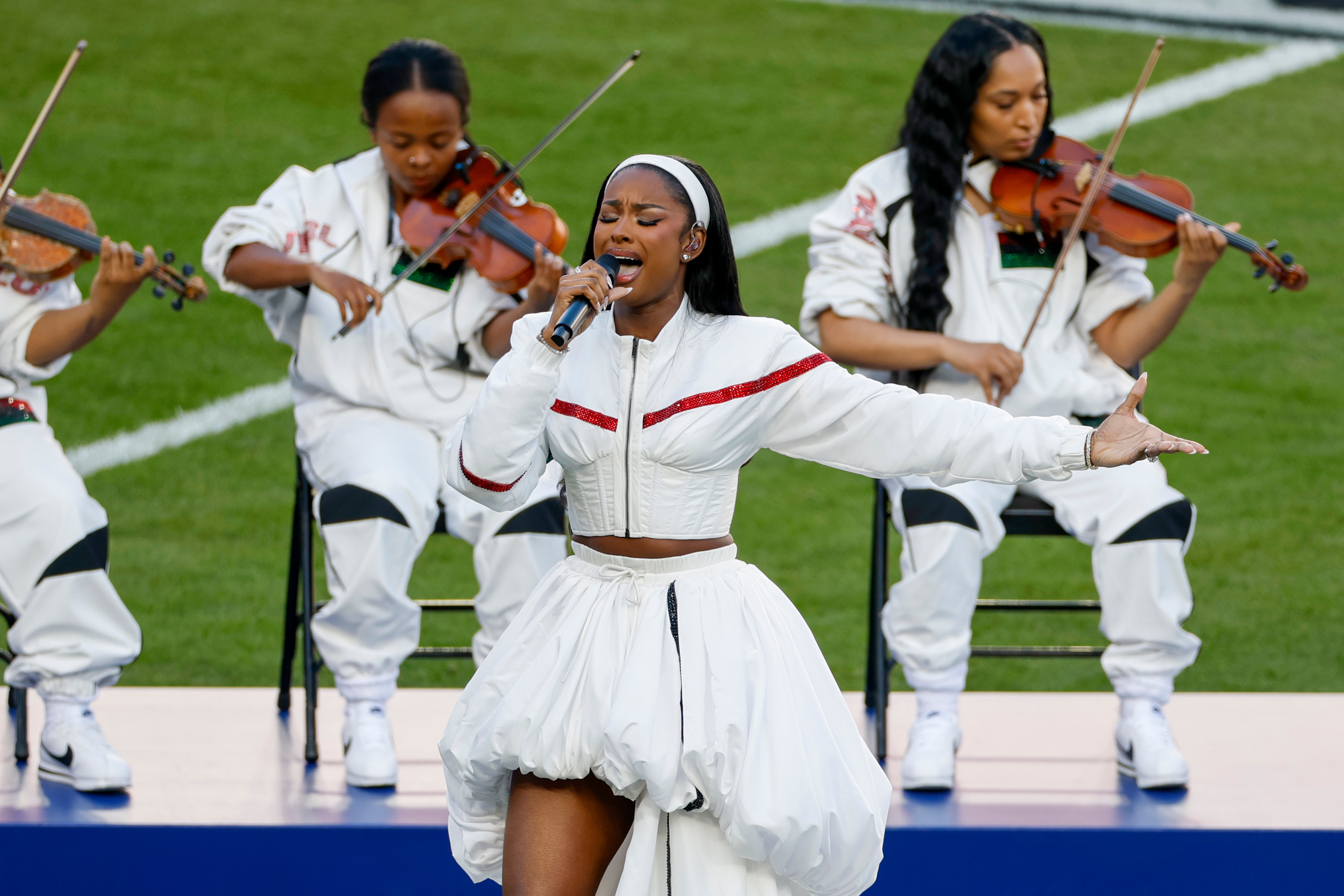 Grammy Award-winner Coco Jones performs "Lift Every Voice and Sing" during pregame festivities for Super Bowl LX between the Seattle Seahawks and the New England Patriots in Santa Clara, Calif., Sunday, Feb. 8, 2026. 