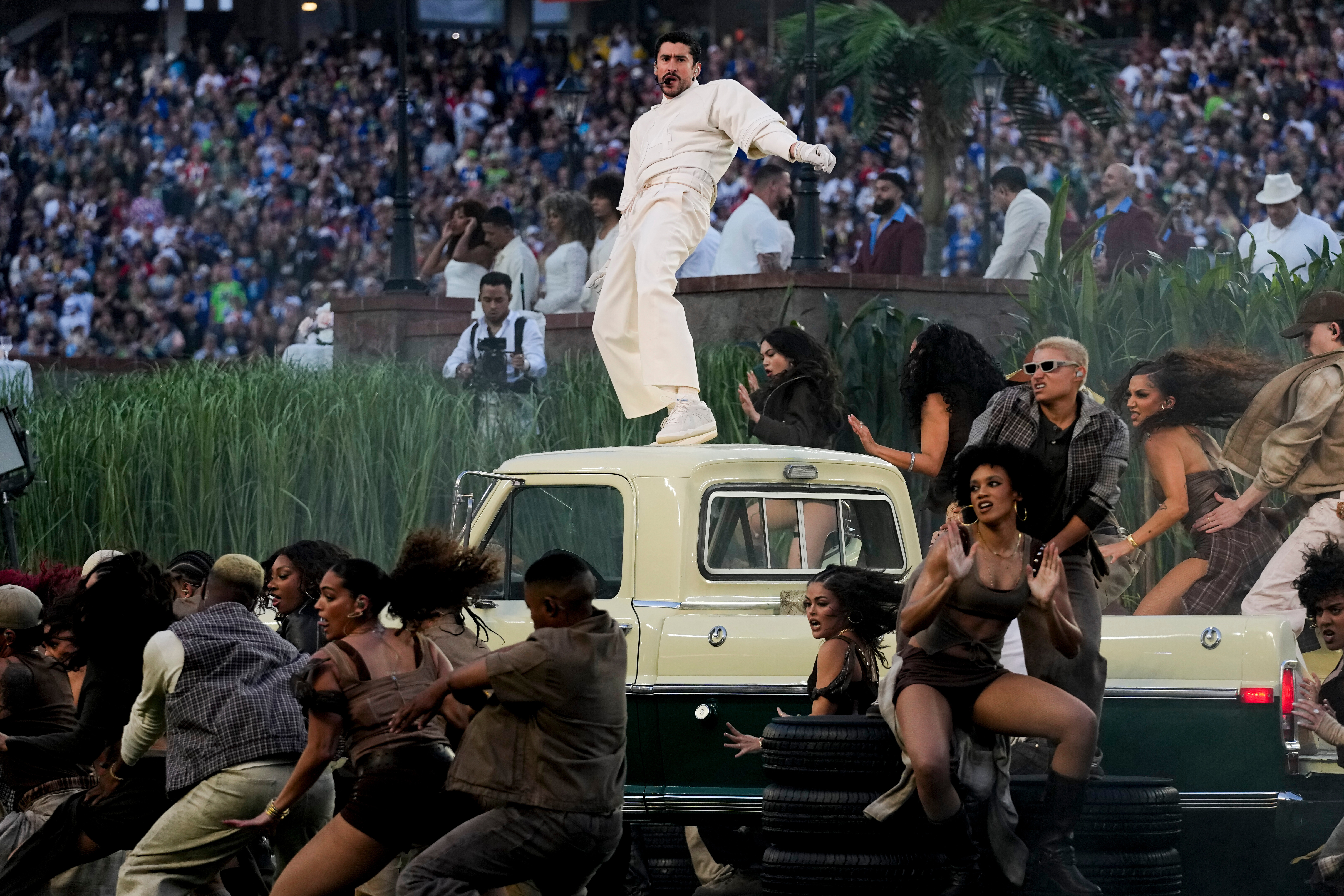 Bad Bunny performs during halftime of the NFL Super Bowl 60 football game between the New England Patriots and the Seattle Seahawks, Sunday, Feb. 8, 2026, in Santa Clara, Calif. 