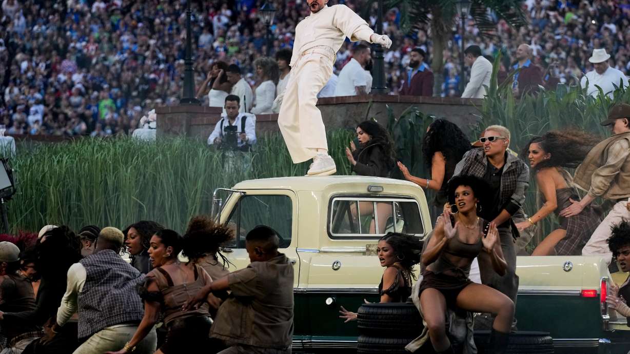 Bad Bunny performs during halftime of the NFL Super Bowl 60 football game between the New England Patriots and the Seattle Seahawks, Sunday, Feb. 8, 2026, in Santa Clara, Calif.