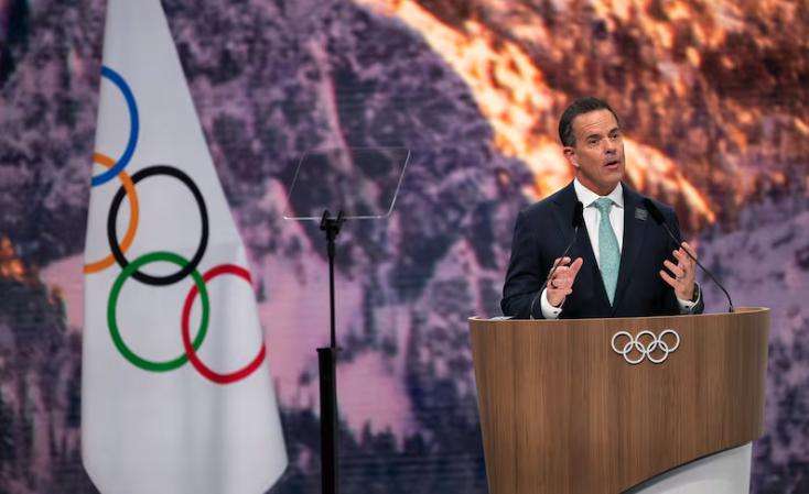 Brad Wilson, CEO of the Organizing Committee for the 2034 Olympic and Paralympic Winter Games, speaks to the IOC during Utah’s presentation in Milan on Tuesday.