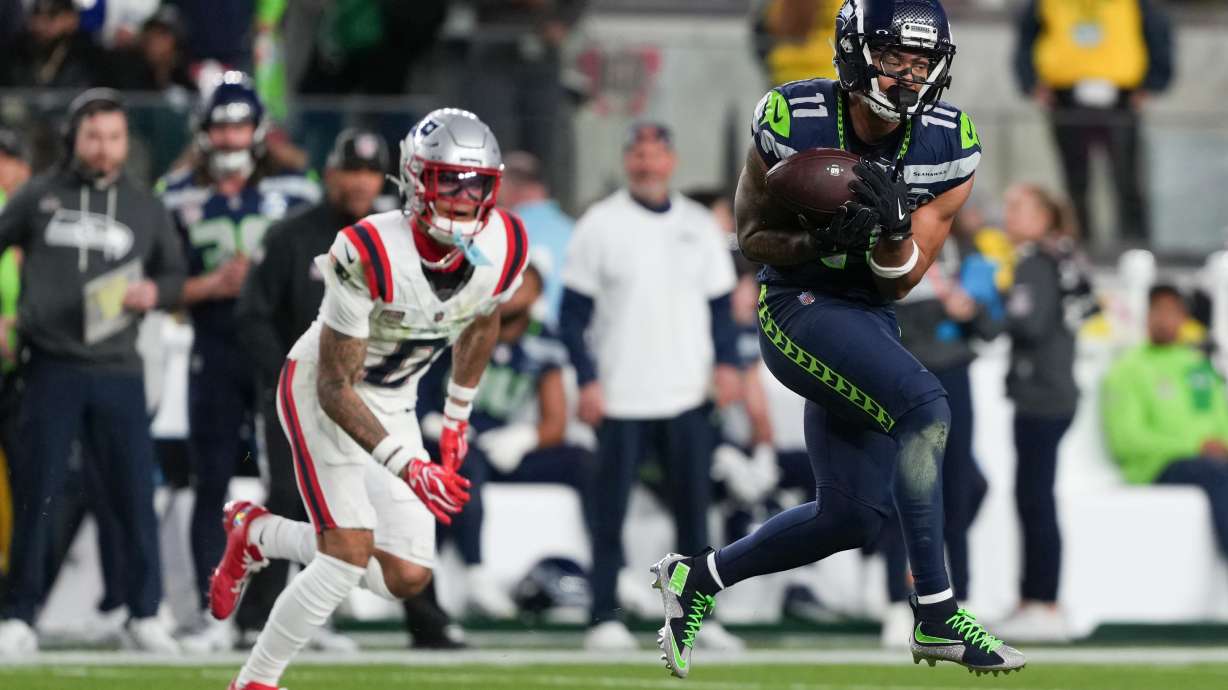 Seattle Seahawks wide receiver Jaxon Smith-Njigba (11) makes a catch during the second half of the NFL Super Bowl 60 football game against the New England Patriots, Sunday, Feb. 8, 2026, in Santa Clara, Calif.