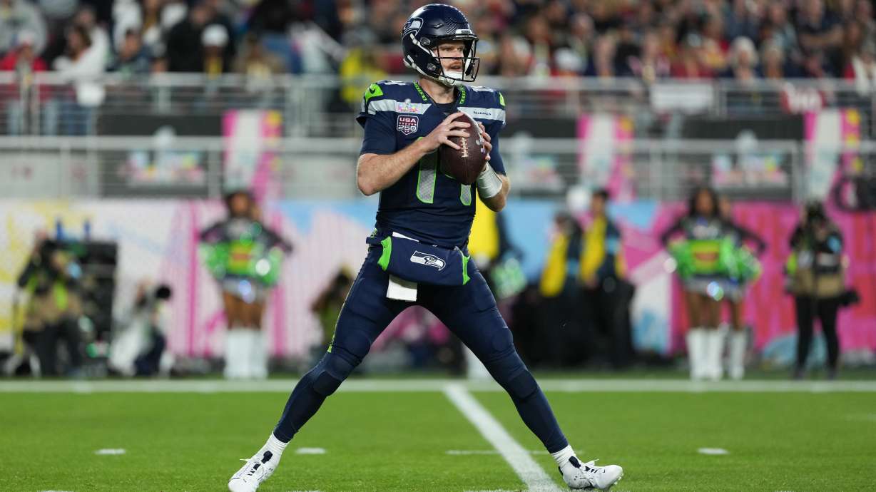 Seattle Seahawks quarterback Sam Darnold prepares to pass during the second half of the NFL Super Bowl 60 football game against the New England Patriots, Sunday, Feb. 8, 2026, in Santa Clara, Calif.
