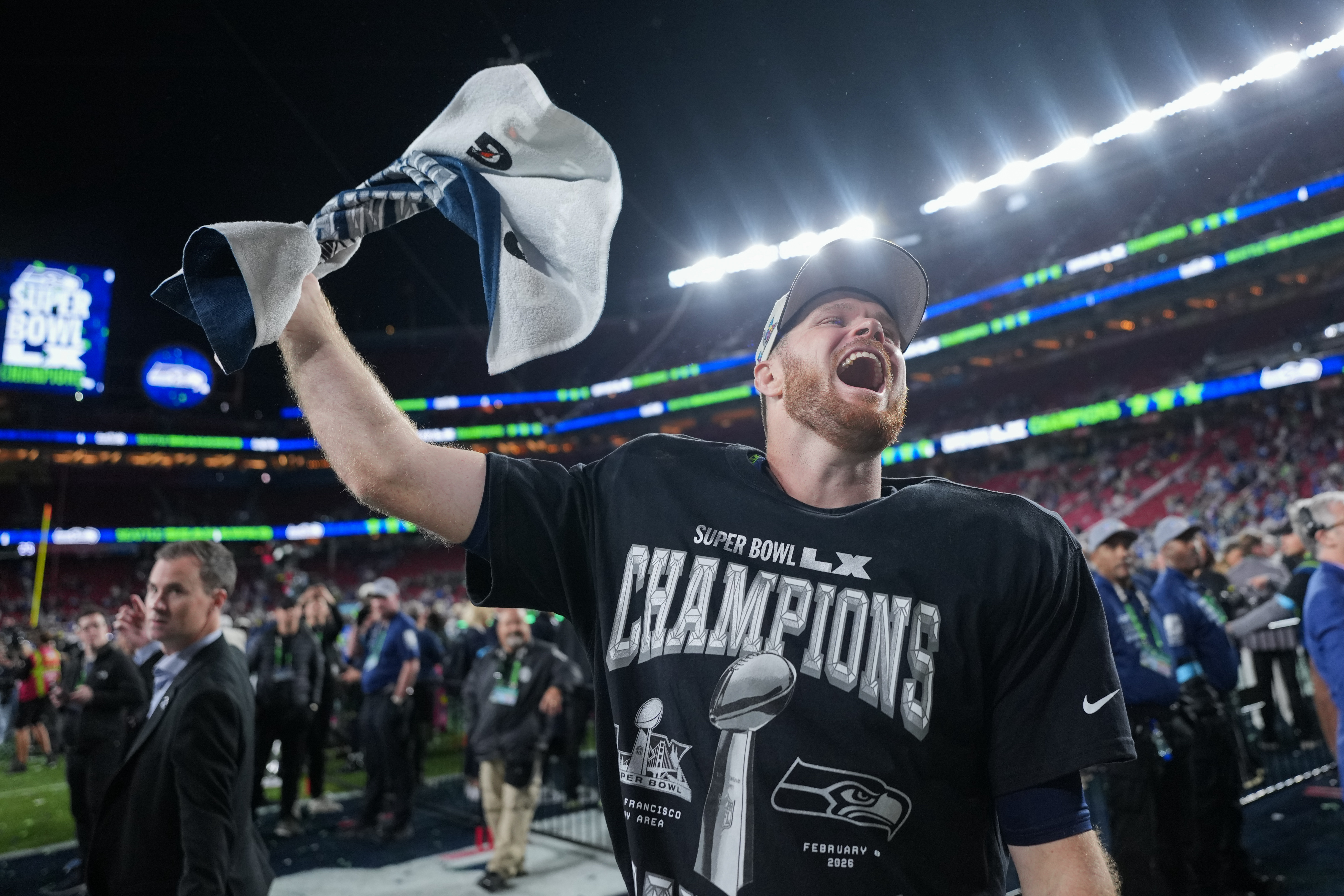Seattle Seahawks quarterback Sam Darnold celebrates after a win over the New England Patriots in the NFL Super Bowl 60 football game, Sunday, Feb. 8, 2026, in Santa Clara, Calif. 
