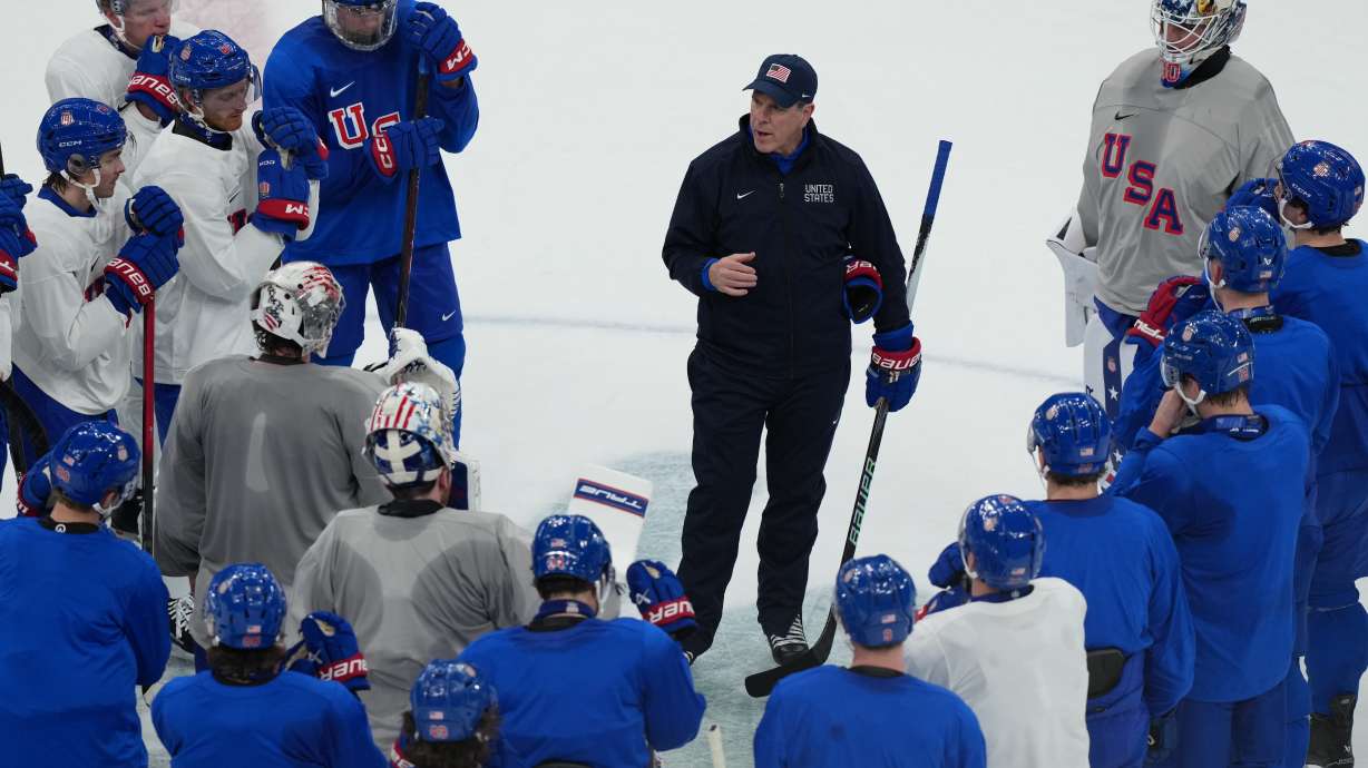 United States' head coach Mike Sullivan speaks doing men's ice hockey practice at the 2026 Winter Olympics, in Milan, Italy, Sunday, Feb. 8, 2026.