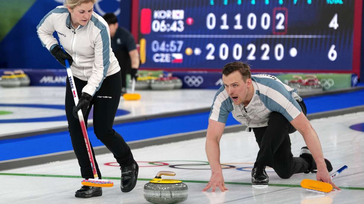 Norway's Magnus Nedregotten and Kristin Skaslien in action during the mixed doubles round robin phase of the curling competition against Estonia, at the 2026 Winter Olympics, in Cortina d'Ampezzo, Italy, Saturday, Feb. 7, 2026.