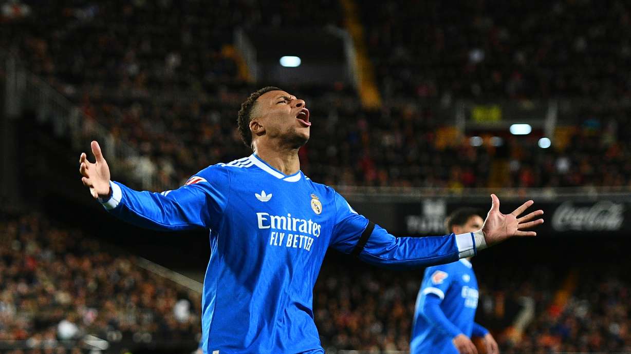 Real Madrid's Kylian Mbappe reacts during the Spanish La Liga soccer match between Valencia and Real Madrid in Valencia, Spain, Sunday, Feb. 8, 2026.