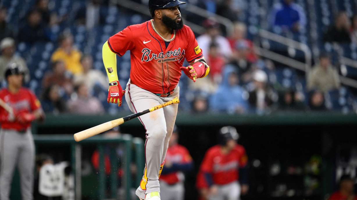 FILE - Atlanta Braves' Marcell Ozuna in action during a baseball game against the Washington Nationals, Sept. 17, 2025, in Washington.