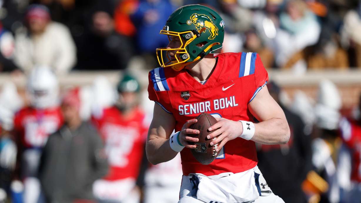 FILE - National Team quarterback Cole Payton (9), of North Dakota State, drops back to pass during the first half of the Senior Bowl NCAA college football game, Jan. 31, 2026, in Mobile, Ala.