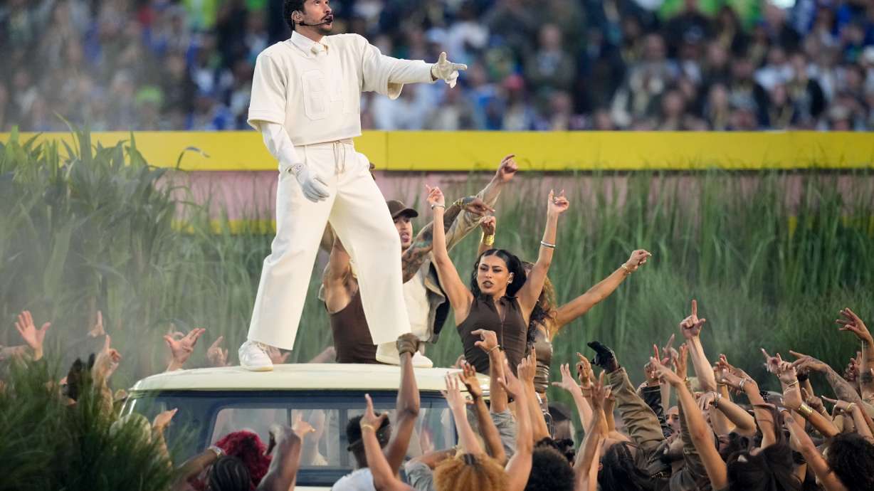 Bad Bunny performs during halftime of the NFL Super Bowl 60 football game between the New England Patriots and the Seattle Seahawks, Sunday, Feb. 8, 2026, in Santa Clara, Calif.