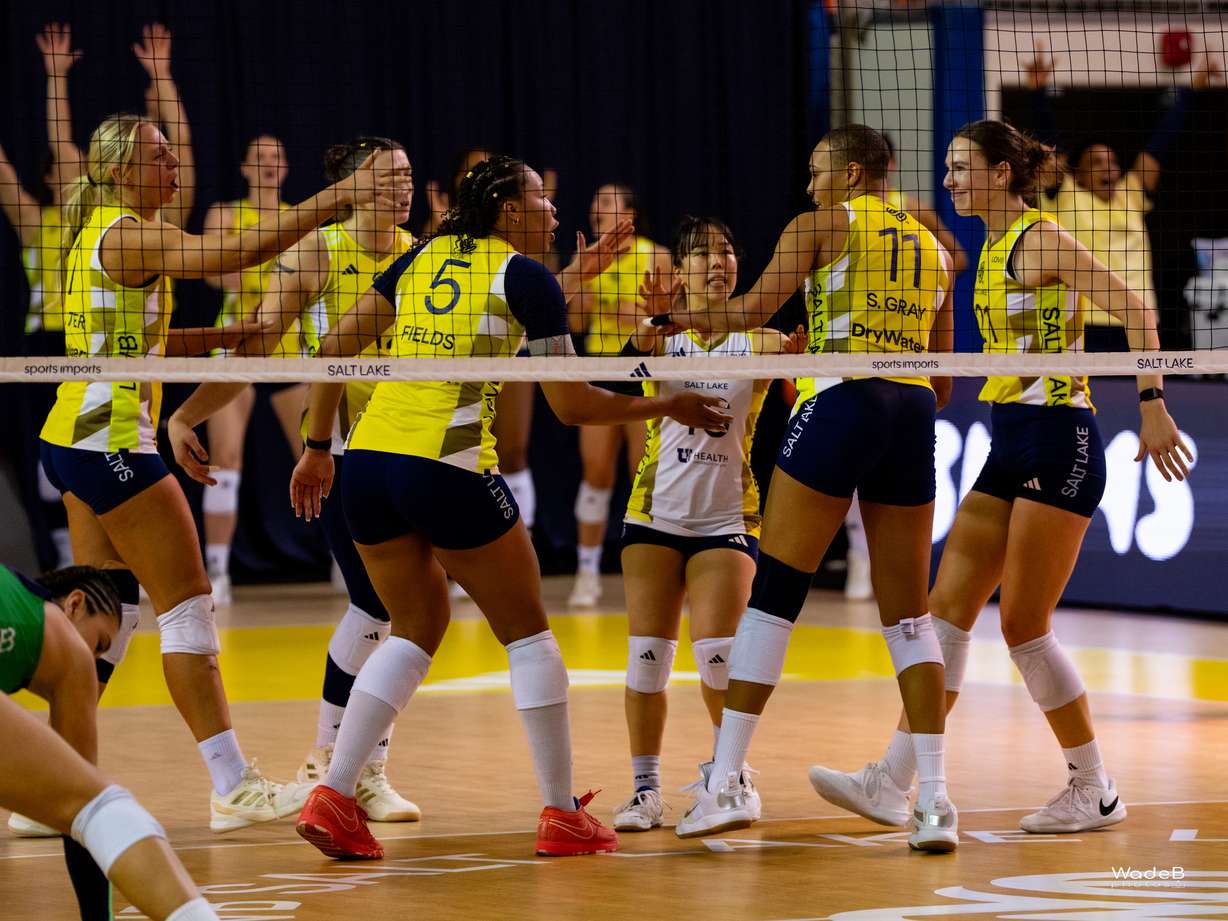 LOVB Salt Lake opposite hitter Skylar Fields (6) celebrates a point with her team during a 3-1 win over LOVB Nebraska, Saturday, Feb. 7, 2026 at BYU's Smith Fieldhouse in Provo.
