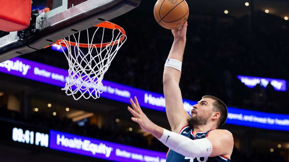 Los Angeles Clippers center Ivica Zubac Dunks during the second half of an NBA basketball game against the Utah Jazz, Tuesday, Jan. 27, 2026, in Salt Lake City.