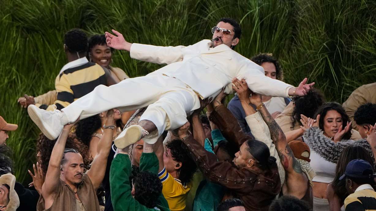 Bad Bunny performs during halftime of the NFL Super Bowl 60 football game between the New England Patriots and the Seattle Seahawks, Sunday, Feb. 8, 2026, in Santa Clara, Calif.