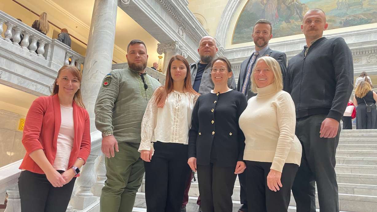 A contingent of regional Ukrainian officials is in Utah to meet local officials for advice and inspiration on local development issues. The contingent plus representatives from forPeace and a translator are pictured Monday at the Utah Capitol in Salt Lake City.