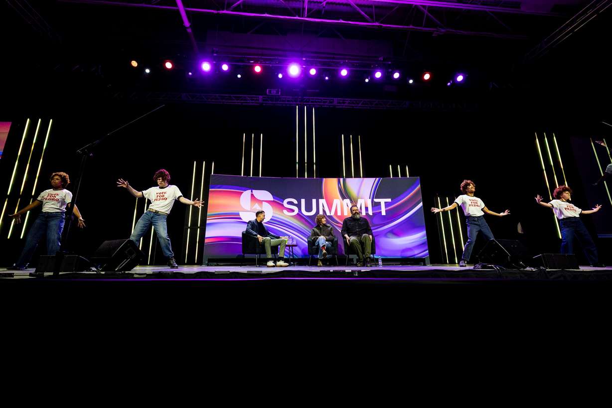Dancers dressed in the style of “Napoleon Dynamite” reenact a scene from the movie as part of a flash mob before a moderated discussion with filmmakers Jared and Jerusha Hess during the Silicon Slopes Summit held at the Salt Palace Convention Center in Salt Lake City on Feb. 6.
