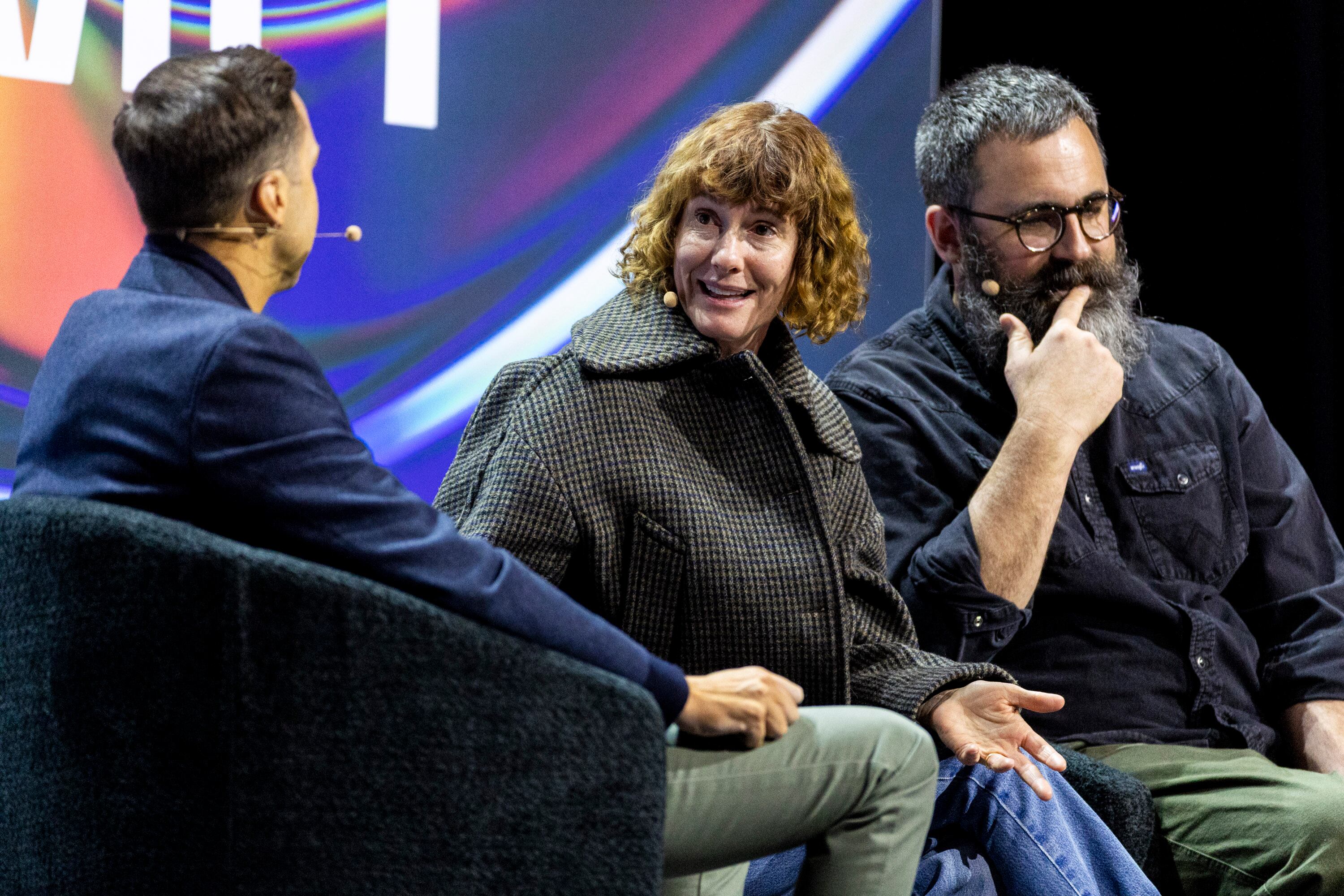 From right, filmmakers Jared and Jerusha Hess are joined by Ryan Westwood, CEO of Fullcast, as they have a moderated discussion as part of the Silicon Slopes Summit held at the Salt Palace Convention Center in Salt Lake City on Feb. 6.