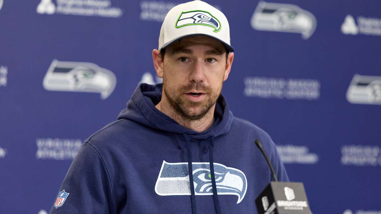 Seattle Seahawks offensive coordinator Klint Kubiak speaks during a news conference Thursday, Jan. 22, 2026, in Seattle at the team's facilities ahead of the NFL football NFC Championship game against the Los Angeles Rams.