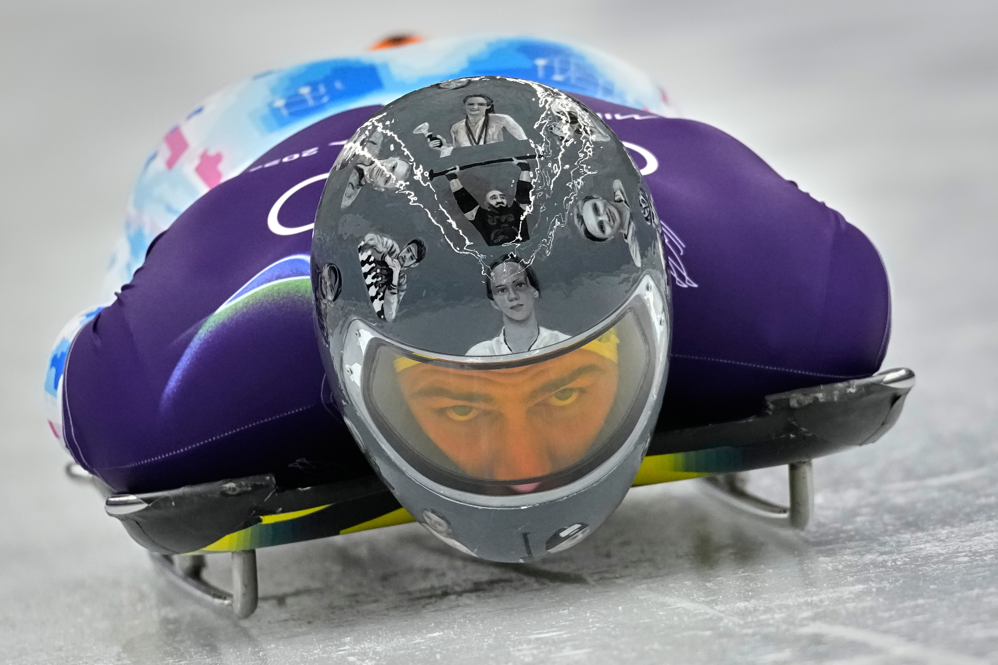 Ukraine's Vladyslav Heraskevych starts a men's skeleton training session at the 2026 Winter Olympics, in Cortina d'Ampezzo, Italy, Monday, Feb. 9, 2026. 