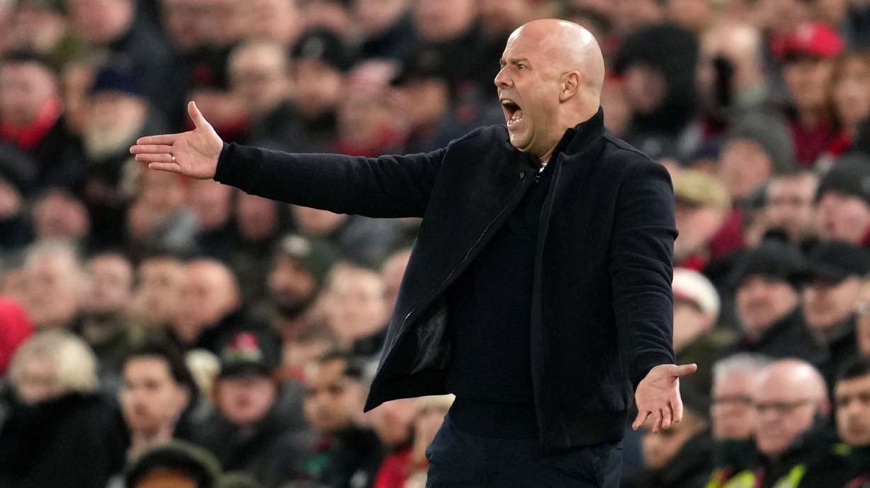 Liverpool's manager Arne Slot gestures during the English Premier League soccer match between Liverpool and Newcastle in Liverpool, England, Saturday, Jan. 31, 2026.