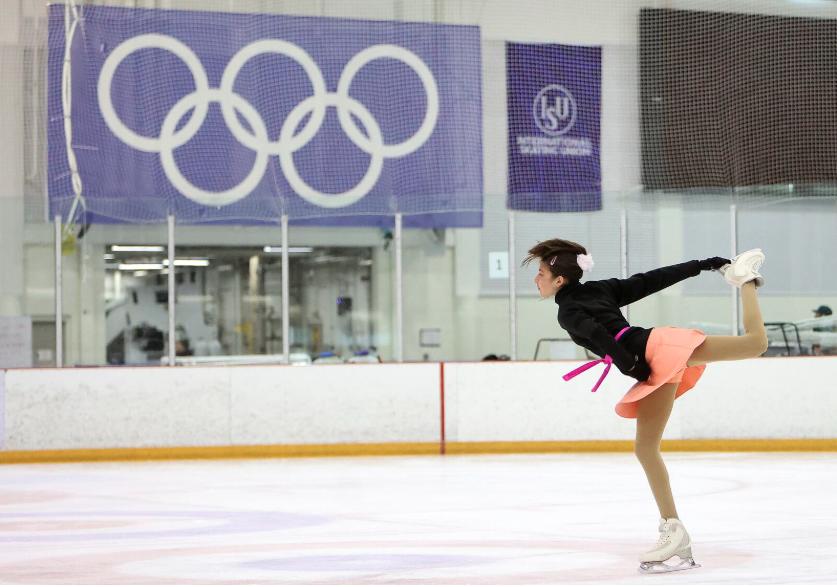 A figure skater practices at the Utah Olympic Oval in Kearns on July 10, 2024.