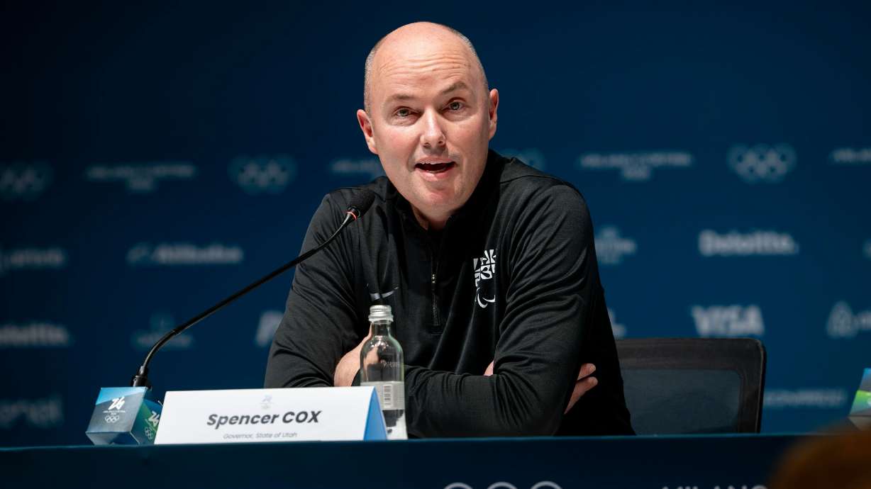 Utah Gov. Spencer J. Cox at a press conference in the main media center for the 2026 Milan Cortina Winter Olympics in Milan, Italy, on Tuesday. Cox made a pointed call for a focus on sports, not politics, during the Games.