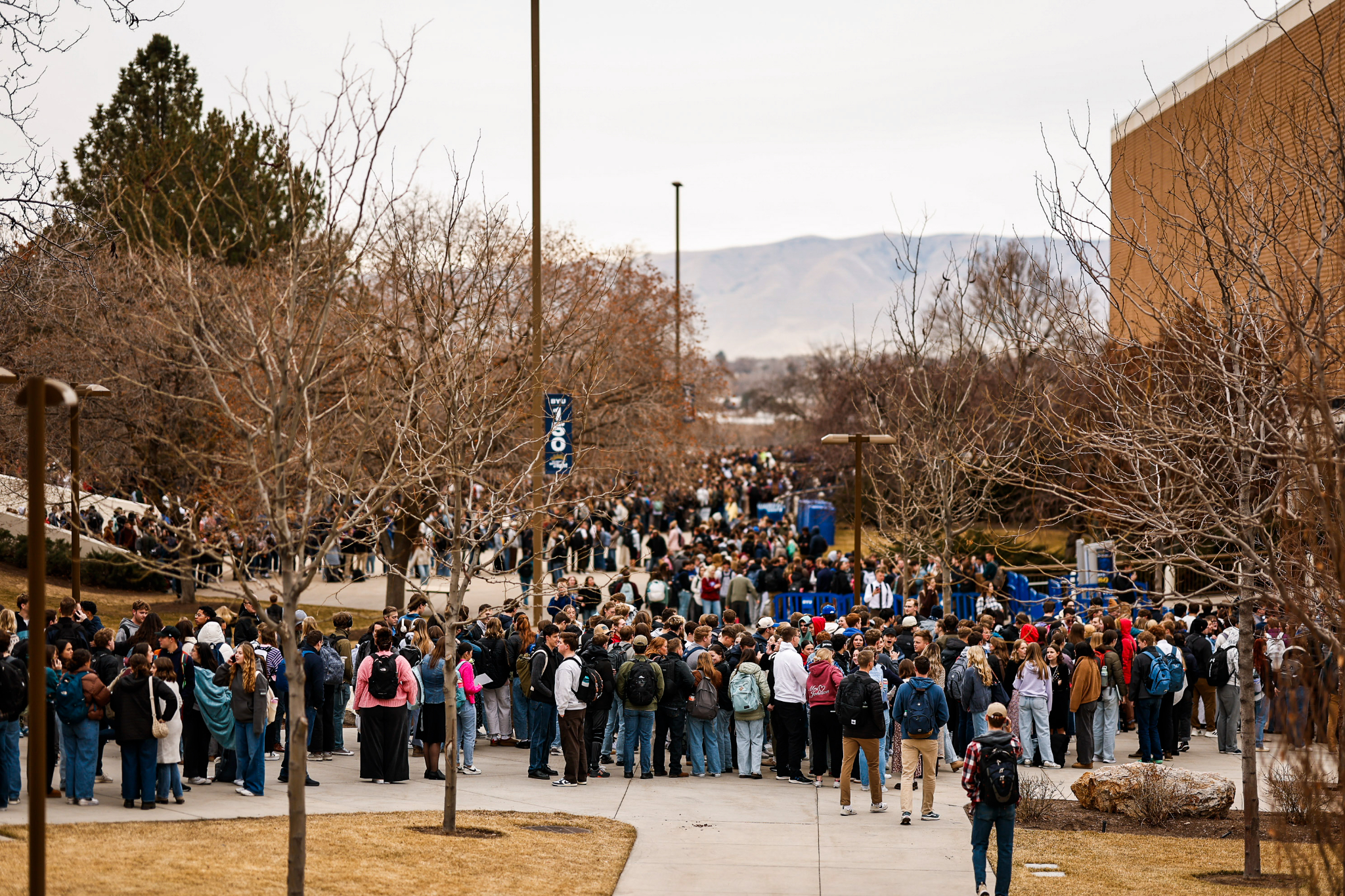 Students line up outside the Marriott Center in Provo on Tuesday to hear from President Dallin H. Oaks of The Church of Jesus Christ of Latter-day Saints.