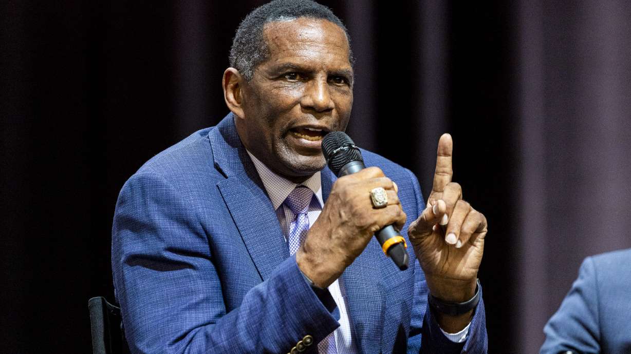 Rep. Burgess Owens, R-Utah, speaks in Orem on May 17, 2025. Owens on Tuesday introduced "Alyssa's Act" to establish national school safety standards.