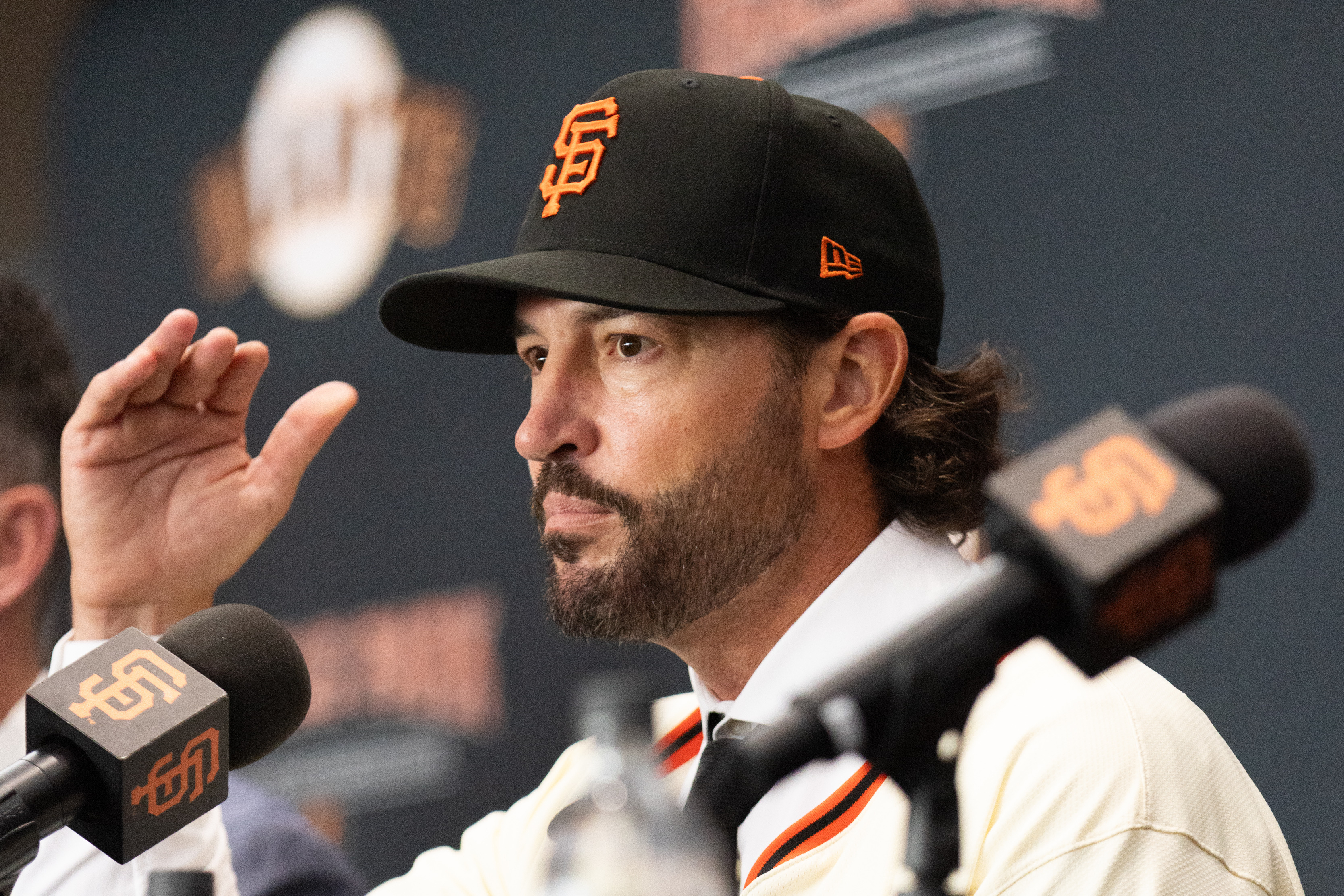 FILE - Tony Vitello speaks as he is introduced as the new manager of the San Francisco Giants baseball team Oct. 30, 2025, in San Francisco. 