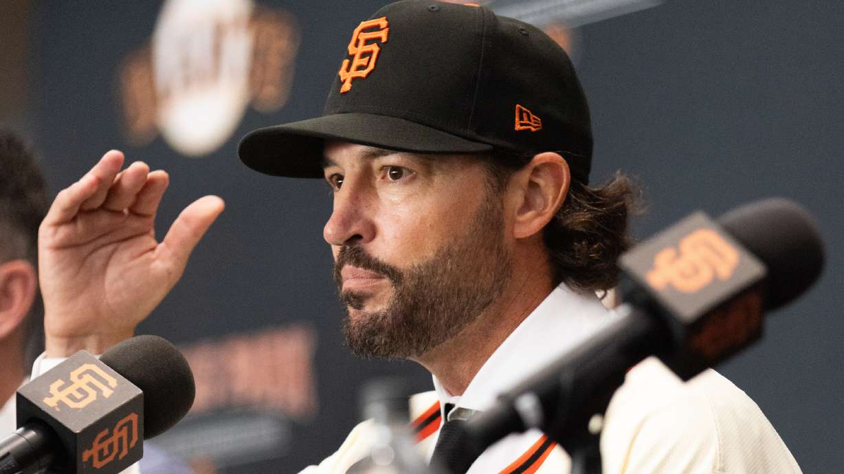 FILE - Tony Vitello speaks as he is introduced as the new manager of the San Francisco Giants baseball team Oct. 30, 2025, in San Francisco.
